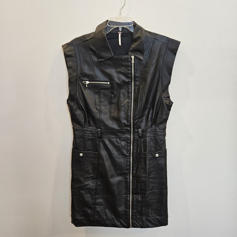 Free People Black Faux Leather Moto Utility Mini Dress Sleeveless Pockets M